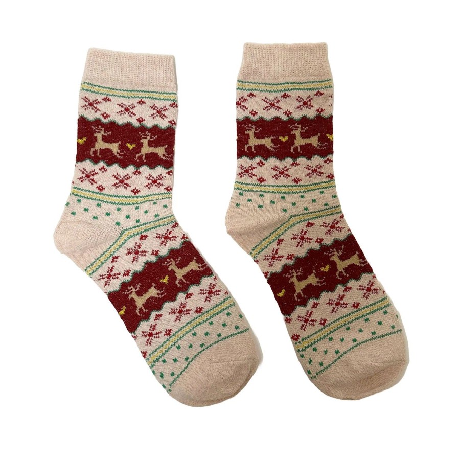 Women'S Apparel FLOOF | Floof Women'S Reindeer Socks In Cream/Red