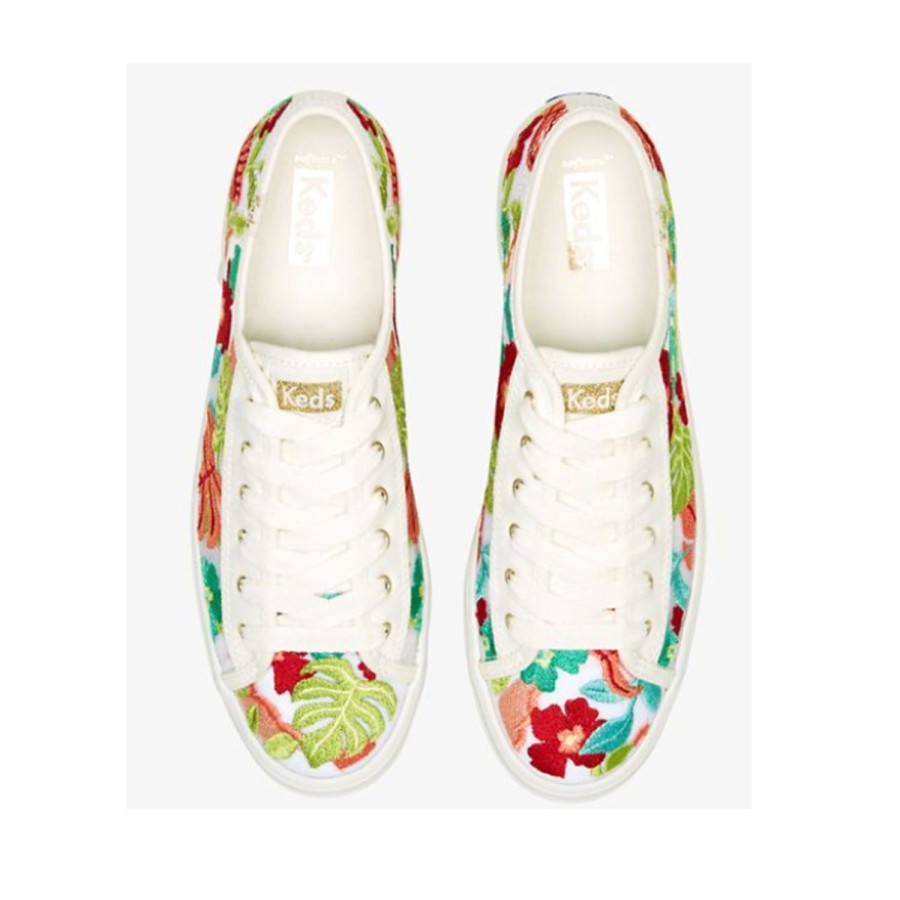 Women'S Shoes Keds | Keds Women'S Triple Kick Tropical Embroidery In White/Coral