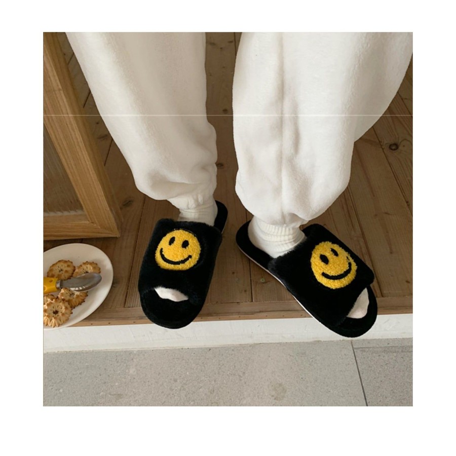 Women'S Shoes FLOOF | Floof Fluffy Open Toe Smile Slippers In Black