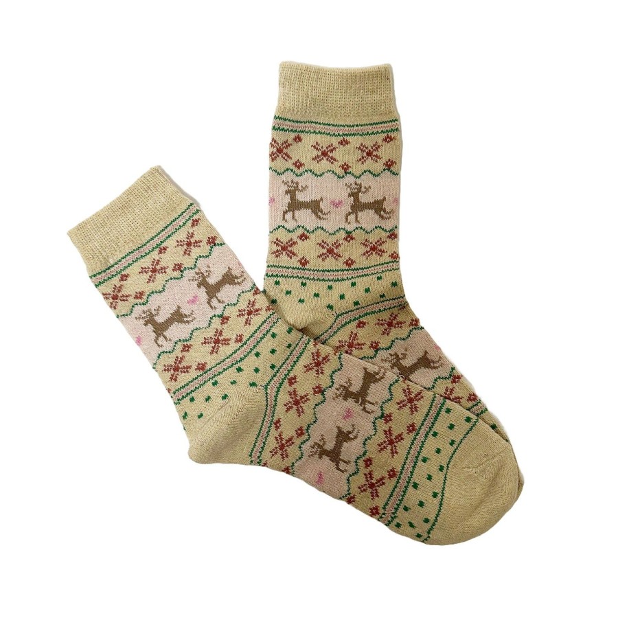 Women'S Apparel FLOOF | Floof Women'S Reindeer Socks In Cream/Pink