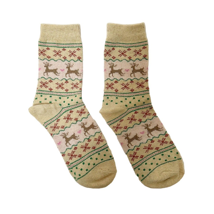 Women'S Apparel FLOOF | Floof Women'S Reindeer Socks In Cream/Pink