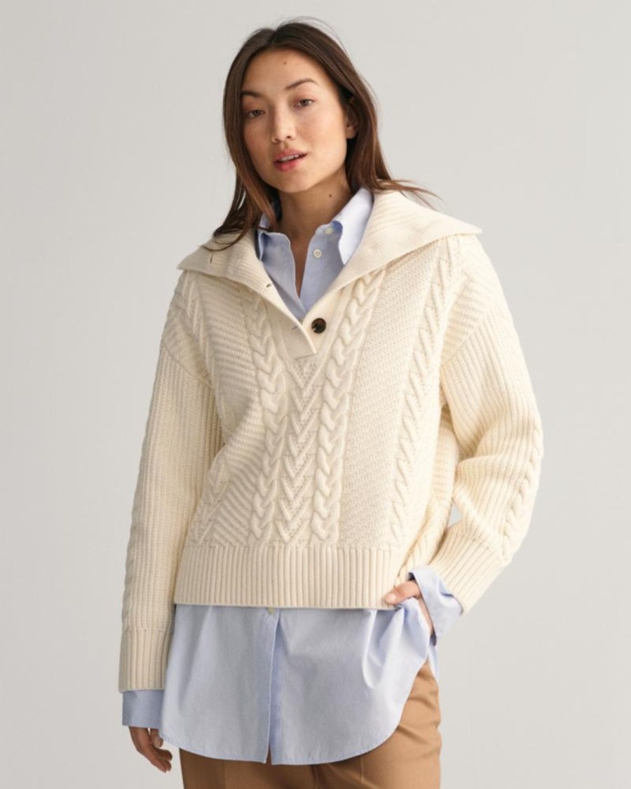 Women'S Apparel Gant Apparel Womens | Gant Apparel S Women'S Cable Texture Buttoned Roll Neck Iterations Nud