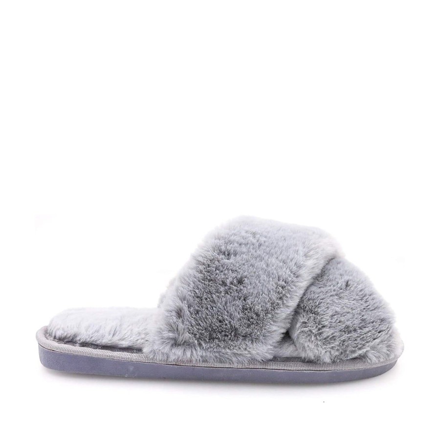 Women'S Shoes FLOOF | Floof Women'S Cozy Cross Faux Fur Slippers In Grey