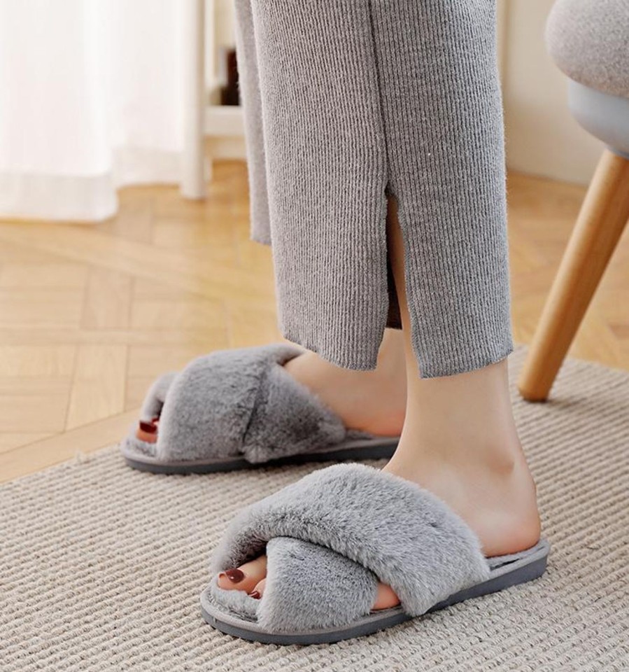 Women'S Shoes FLOOF | Floof Women'S Cozy Cross Faux Fur Slippers In Grey